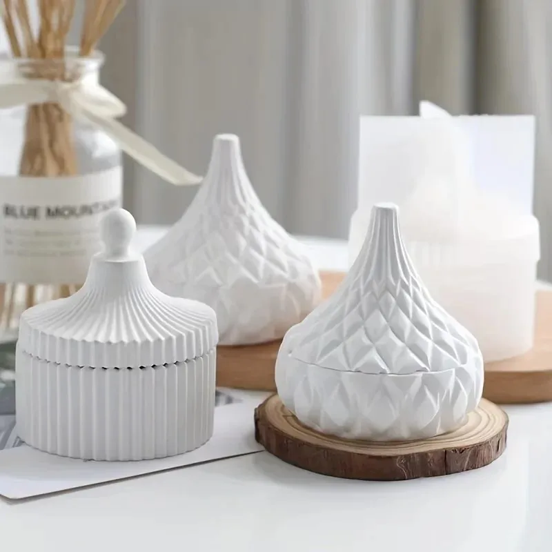 Candle Making Jars With Lids - แม่พิมพ์ซิลิโคนสำหรับทำเทียน 2 ชิ้น พร้อมฝาปิด ลายวงกลม สำหรับทำกล่องเก็บเครื่องประดับ